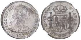 PÉROU
Charles III (1759-1788). 8 réaux 1772, Lima.
Km. 78.. KM.78 ; Argent - 40 mm - 12 h 
Provenance : Top pop : plus haut grade..
NGC MS 63 (282...