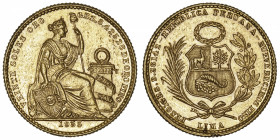 PÉROU
République du Pérou (depuis 1821). 20 sols 1955, Lima.
KM.229 - Fr.80 ; Or - 9,34 g - 23 mm - 6 h 
Coup sur le listel à 6 heures au revers. M...
