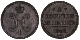 RUSSIE
Nicolas Ier (1825-1855). 3 kopecks 1842, EM, Ekaterinbourg.
KM.146.1 ; Cuivre - 28,44 g - 38 mm - 12 h 
Patine marron. TTB.