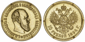 RUSSIE
Alexandre III (1881-1894). 10 roubles 1894, Saint-Pétersbourg.
Fr.167 - Y#A42 - Bit.23 ; Or - 12,86 g - 24 mm - 12 h 
Anciennement sertie en...