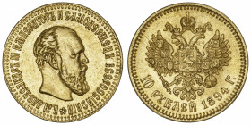RUSSIE
Alexandre III (1881-1894). 10 roubles 1894, Saint-Pétersbourg.
Fr.167 - Y#A42 - Bit.23 ; Or - 12,85 g - 24 mm - 12 h 
Beau TTB.