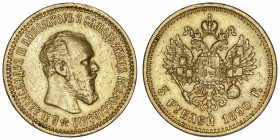 RUSSIE
Alexandre III (1881-1894). 5 roubles 1890, Saint-Pétersbourg.
Fr.168 ; Or - 6,35 g - 21 mm - 12 h 
TTB.