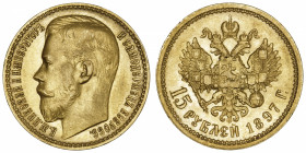 RUSSIE
Nicolas II (1894-1917). 15 roubles 1897, Saint-Pétersbourg.
Fr.177 ; Or - 12,86 g - 24,5 mm - 12 h 
Anciennement nettoyé. TTB.