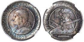 SAINT-MARIN
République. 5 lire 1938, R, Rome.
KM.9 ; Argent - 5 g - 23 mm - 6 h 
NGC MS 66 (5943549-030). Sublime patine bleue. Fleur de coin.