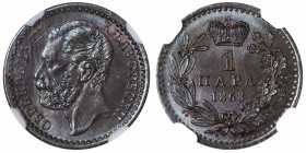 SERBIE
Michel Obrenović III (1860-1868). 1 para 1868.
KM.1.1 ; Bronze - 1 g - 15 mm - 12 h 
NGC MS 65 BN (5934247-016). Variété “BE” dans Serbie. S...