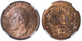 SUÈDE
Charles XV (1859-1872). 1 öre 1865.
KM.705 ; Bronze - 2,70 g - 20 mm - 6 h 
NGC MS 64 RB (5943549-038). Superbe à Fleur de coin.