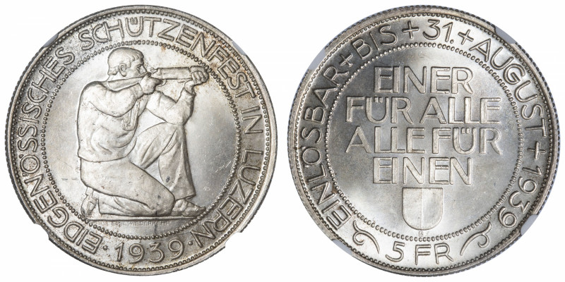 SUISSE
Confédération Helvétique (1848 à nos jours). 5 francs 1939, B, Berne.
K...