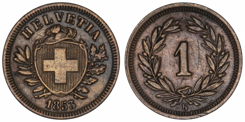 SUISSE
Confédération Helvétique (1848 à nos jours). 1 rappen 1853, B, Berne.
K...