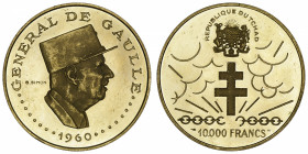 TCHAD
République. 10000 francs Général de Gaulle 1970.
Fr.2 ; Or - 35,30 g - 45 mm - 6 h 
Traces de contact sinon Superbe.