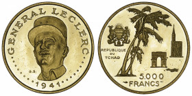 TCHAD
République. 5000 francs Général Leclerc ND (1970).
Fr.3 ; Or - 17,44 g - 32,5 mm - 6 h 
Superbe.