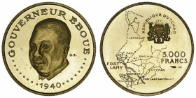 TCHAD
République. 3000 francs gouverneur Eboué ND (1970).
Fr.4 ; Or - 10,49 g - 28 mm - 6 h 
Anciennement frotté. Superbe.
