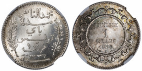 TUNISIE
Mohamed el-Naceur, Bey (1906-1922). 1 franc 1918, A, Paris.
KM.238 ; Argent - 5 g - 23 mm - 6 h 
NGC MS 67 (5943549-042). Très haut grade p...