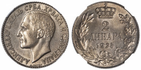 YOUGOSLAVIE
Alexandre Ier (1921-1934). 2 dinara 1925, Poissy.
KM.6 ; Bronze-nickel - 27 mm - 6 h 
NGC MS 63 (5948601-015). Superbe à Fleur de coin....