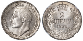 YOUGOSLAVIE
Alexandre Ier (1921-1934). 2 dinara 1925, Bruxelles.
KM.6 ; Bronze-nickel - 27 mm - 6 h 
NGC MS 63 (5948601-016). Quelques taches à l’a...