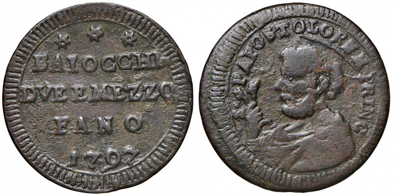 Fano. Pio VI (1775-1799). Sampietrino da 2 baiocchi e mezzo 1797 CU gr. 7,30. Mu...