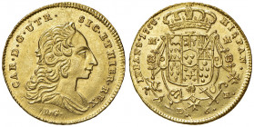 Napoli. Carlo di Borbone (1734-1759). Da 6 ducati 1753 (sigle MM-R; Domenico Maria Mazzara m.d.z. e Giovanni Russo m.d.p.) AV gr. 8,84. P.R. 5. MIR 33...