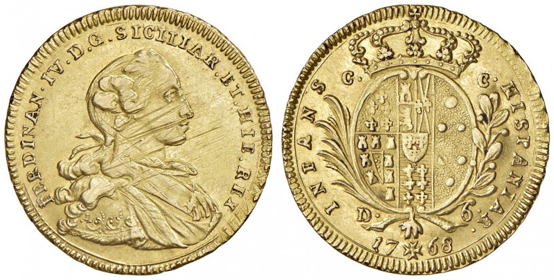 Napoli. Ferdinando IV di Borbone (1759-1816). Da 6 ducati 1768 AV gr. 8,81. P.R....