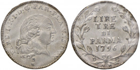 Parma. Ferdinando di Borbone (1765-1802). Da 3 lire 1796 AG. MIR 1076/6. Periziata Francesco Cavaliere q.FDC/FDC. Rara. Migliore di SPL