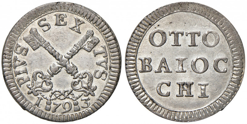 Roma. Pio VI (1775-1799). Muraiola da 8 baiocchi 1793 MI gr. 5,03. Muntoni 85. B...