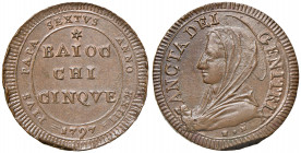 Roma. Pio VI (1775-1799). Madonnina da 5 baiocchi 1797 anno XXIII CU gr. 17,79. Muntoni 94. Berman 2987. Iridescenze di rame rosso, SPL