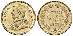 Roma. Pio IX (1846-1878). Da 2,50 scudi 1858 anno XIII AV. Pagani 366. Fondi lucenti, FDC