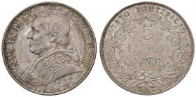 Roma. Pio IX (1846-1878). Monetazione decimale, 1866-1870. Da 5 lire 1870 anno XXIV AG. Pagani 549. Ex asta Nomisma 52/2015, 1371. q.FDC