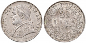 Roma. Pio IX (1846-1878). Monetazione decimale, 1866-1870. Da 2 lire e mezzo 1867 anno XXI AG. Pagani 552. Rara. Patina di medagliere, SPL