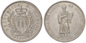 San Marino. Repubblica. I periodo: 1864-1938. Da 5 lire 1898 AG. Pagani 357. Segnetti da contatto, q.FDC