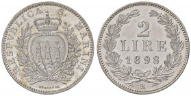San Marino. Repubblica. I periodo: 1864-1938. Da 2 lire 1898 AG. Pagani 365. Rara. q.FDC