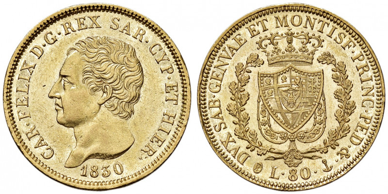 Savoia. Carlo Felice (1821-1831). Da 80 lire 1830 (Genova) AV. Pagani 35. MIR 10...