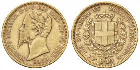 Savoia. Vittorio Emanuele II re di Sardegna (1849-1861). Da 10 lire 1857 (Torino) AV. Pagani 367. MIR 1056g. Rara. q.BB/BB