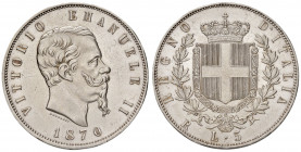Savoia. Vittorio Emanuele II re d’Italia (1861-1878). Da 5 lire 1870 (Roma) AG. Pagani 491. MIR 1082j. Rara. Lievi segnetti nei campi, altrimenti esem...