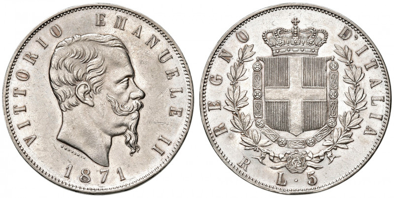 Savoia. Vittorio Emanuele II re d’Italia (1861-1878). Da 5 lire 1871 (Roma) AG. ...