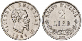 Savoia. Vittorio Emanuele II re d’Italia (1861-1878). Da 2 lire 1863 (Napoli) AG. Pagani 508. MIR 1084a. Non comune. SPL