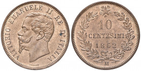 Savoia. Vittorio Emanuele II re d’Italia (1861-1878). Da 10 centesimi 1862 (Milano) CU. Pagani 538. MIR 1092a. Rame rosso, FDC