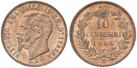 Savoia. Vittorio Emanuele II re d’Italia (1861-1878). Da 10 centesimi 1866 (Birmingham) CU. Pagani 544. MIR 1092g. Rame rosso, FDC