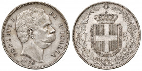 Savoia. Umberto I re d’Italia (1878-1900). Da 5 lire 1878 AG. Pagani 589. MIR 1099a. Molto rara. Colpetto alle ore 2 del dr., altrimenti buon BB