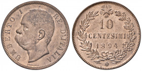 Savoia. Umberto I re d’Italia (1878-1900). Da 10 centesimi 1894 (Birmingham) CU. Pagani 616. MIR 1106d. Rame rosso, FDC