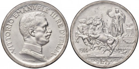 Savoia. Vittorio Emanuele III re d’Italia (1900-1946). Da 5 lire 1914 AG. Pagani 708. MIR 1136a. Periziata Raffaele Negrini FDC. Molto rara. Conservaz...