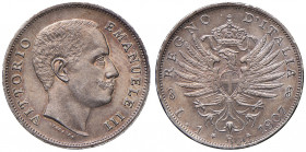 Savoia. Vittorio Emanuele III re d’Italia (1900-1946). Lira 1907 AG. Pagani 767. MIR 1145e. Bellissima patina iridescente, FDC