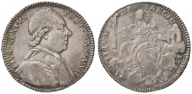 Pio VI (1775-1799). Roma. Quinto di scudo 1780 anno VII AG gr. 5,30. Muntoni 39a. Berman 2965. Raro. Leggera patina, BB