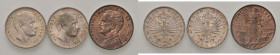 Savoia. Lotto di tre monete. Vittorio Emanuele III re d’Italia (1900-1946). Lira 1907 AG (2). Da 5 centesimi 1913 CU. Mediamente FDC
