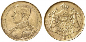Belgio. Alberto I (1909-1934). Da 20 franchi 1914 (Bruxelles) AV gr. 6,45. Friedberg 423. Migliore di SPL