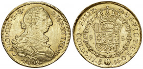 Cile. Carlo IV di Spagna (1788-1808). Da 8 escudos 1802 (Santiago) AV gr. 27,01. Friedberg 23. Graffietti al dr. e tracce di lucidatura, altrimenti q....