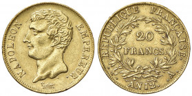 Francia. Napoleone I imperatore (1804-1814). Da 20 franchi anno 12-1803/1804 (Parigi) AV gr. 6,42. Friedberg 487. Buon BB