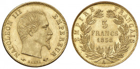 Francia. Napoleone III (1852-1870). Da 5 franchi 1858 (Parigi) AV gr. 1,63. Friedberg 578a. Fondi lucenti, FDC