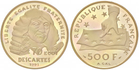 Francia. Quinta Repubblica (dal 1958). Da 500 franchi / 70 ecus 1991 (Parigi) AV gr. 17,00. Descartes. Friedberg 623. In astuccio. FS