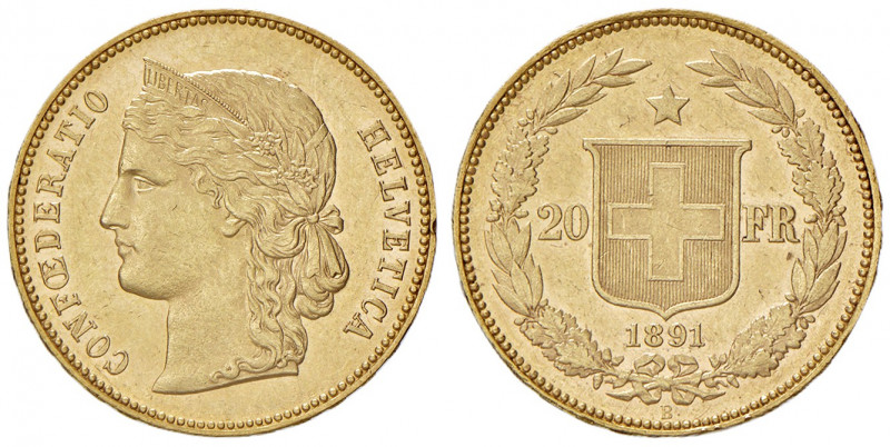 Svizzera. Confederazione (1848-). Da 20 franchi 1891 (Berna) AV gr. 6,44. Friedb...