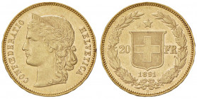Svizzera. Confederazione (1848-). Da 20 franchi 1891 (Berna) AV gr. 6,44. Friedberg 495. Più di SPL