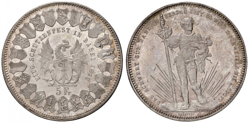 Svizzera. Confederazione (1848-). Da 5 franchi 1879 AG. Tiri federali Basilea. F...